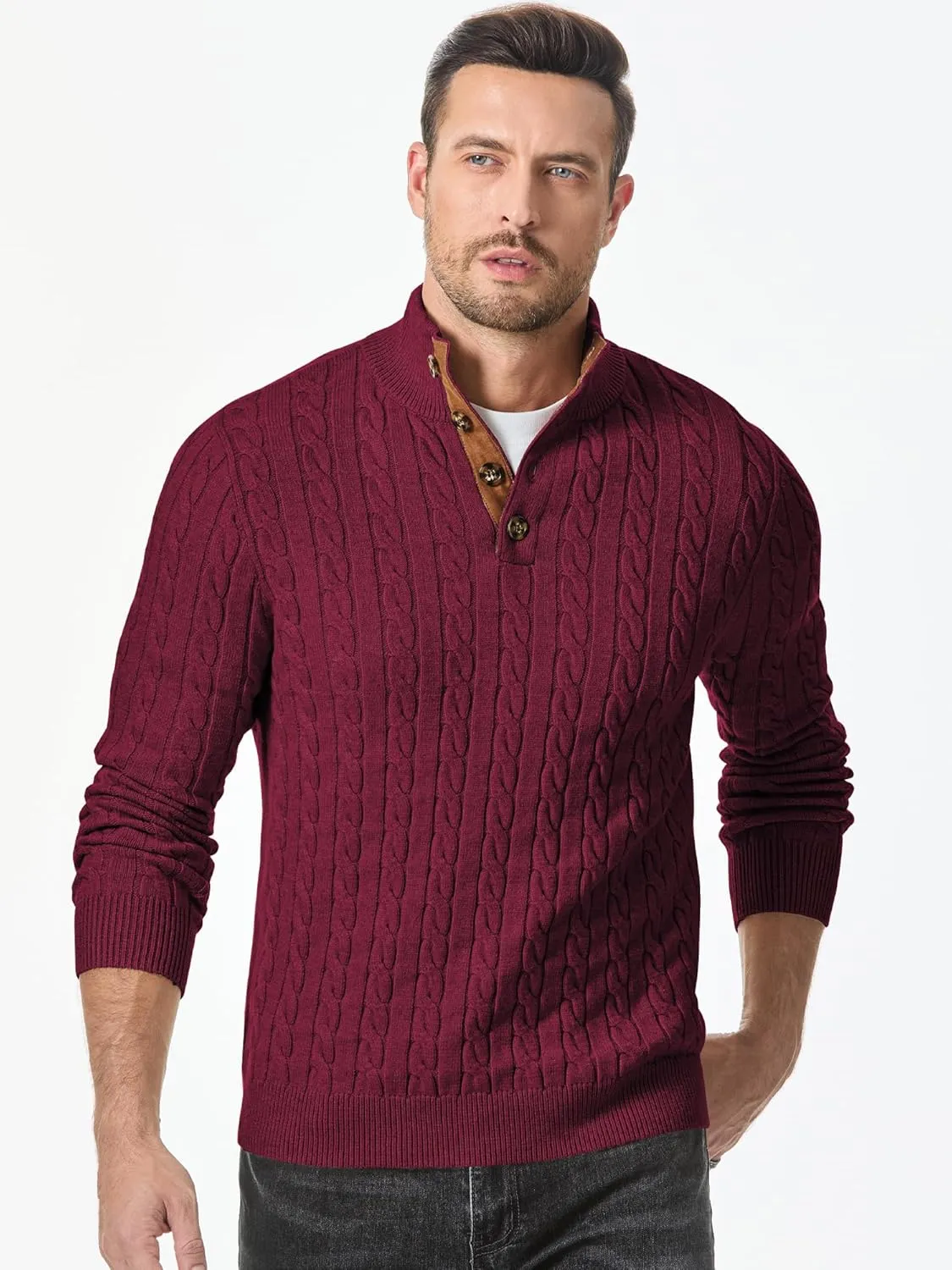 JMIERR Men's Cable Knit Pullover Sweater Casual Long Sleeve Stand Collar Button Knitted Sweaters