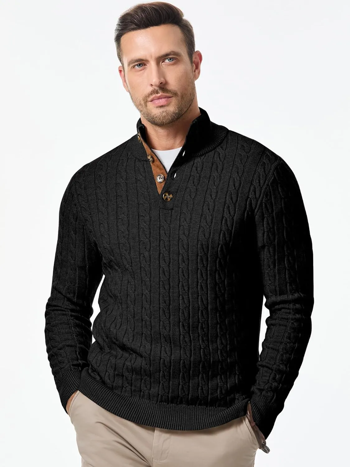JMIERR Men's Cable Knit Pullover Sweater Casual Long Sleeve Stand Collar Button Knitted Sweaters
