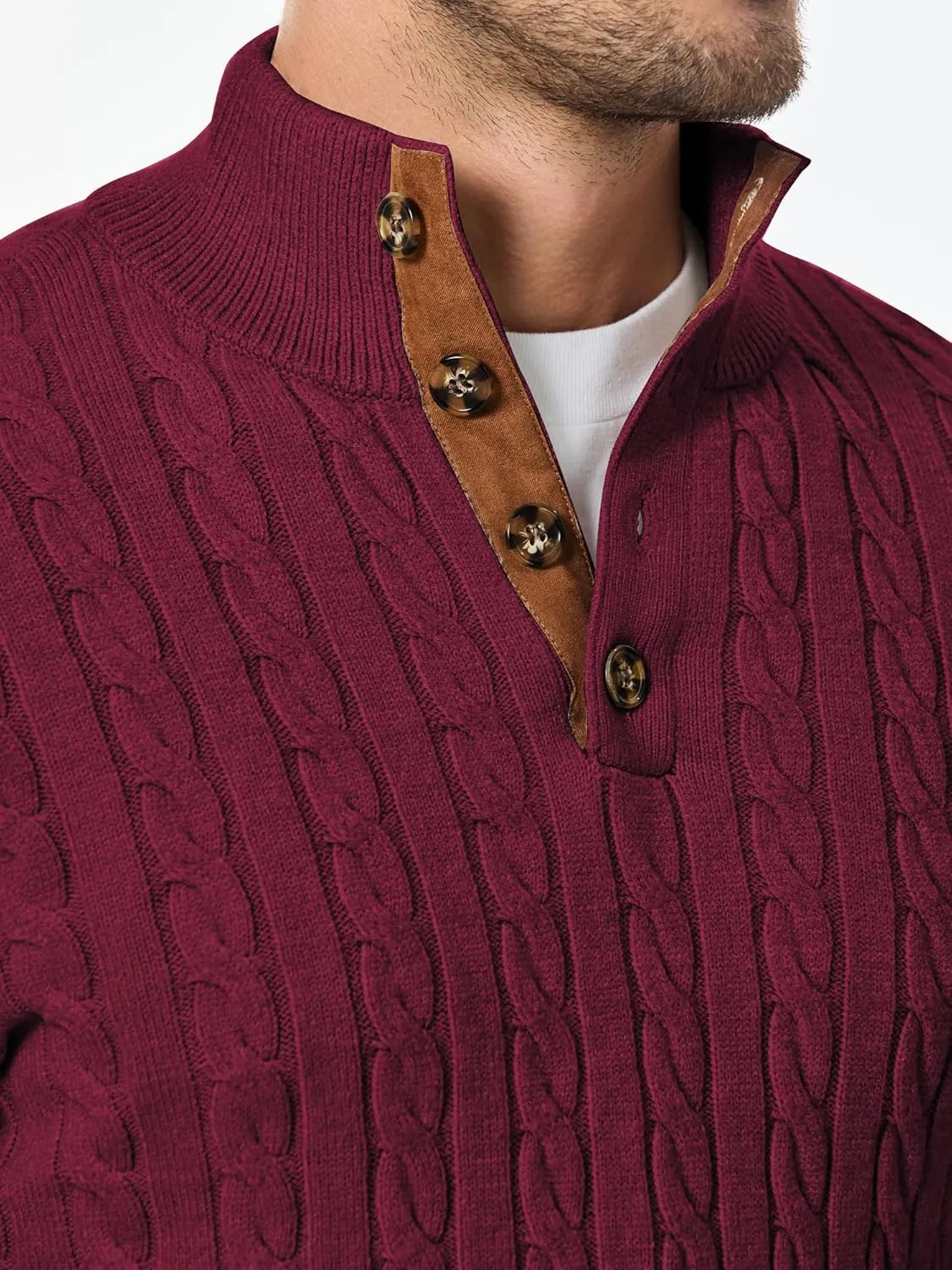 JMIERR Men's Cable Knit Pullover Sweater Casual Long Sleeve Stand Collar Button Knitted Sweaters