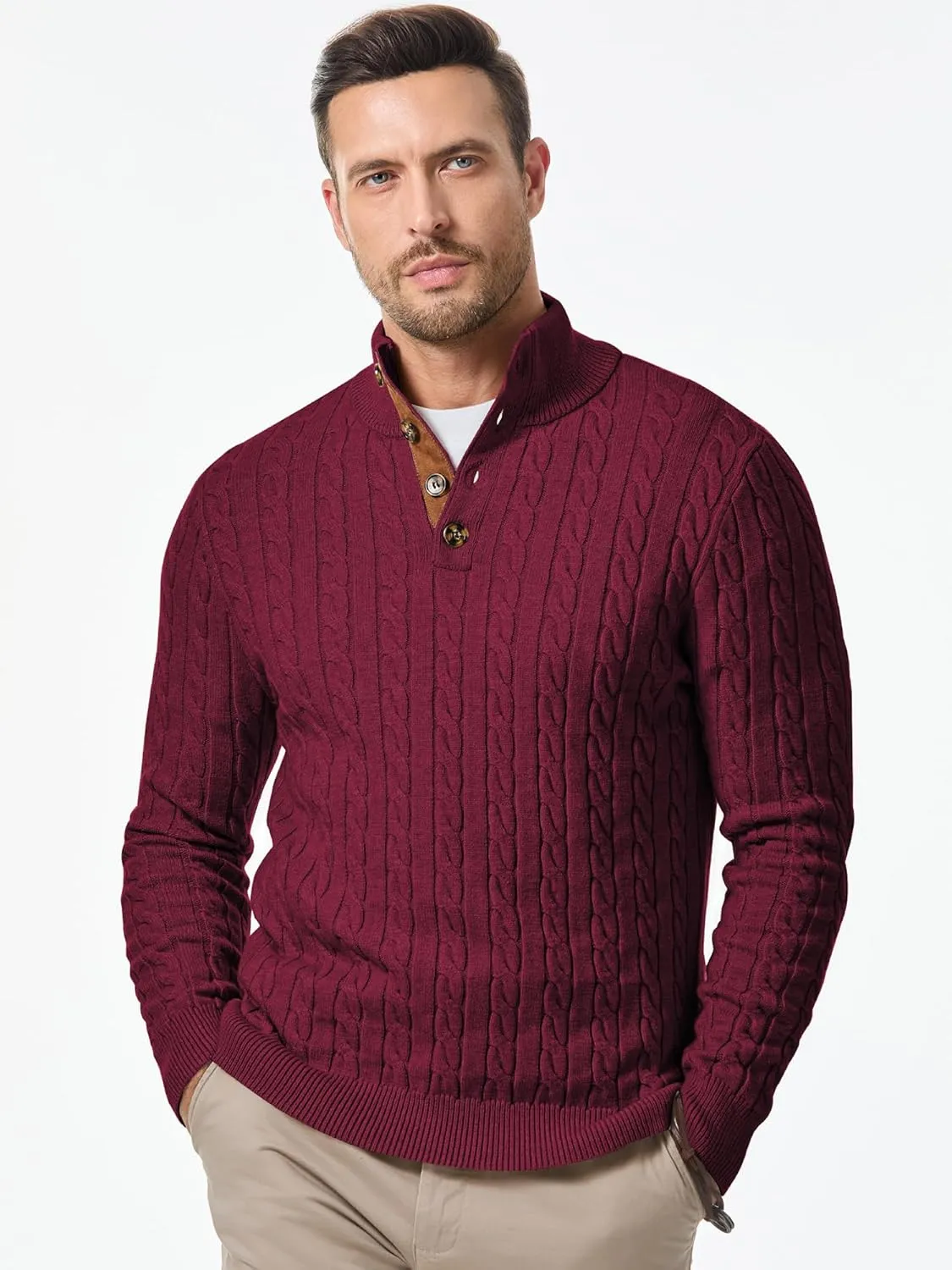 JMIERR Men's Cable Knit Pullover Sweater Casual Long Sleeve Stand Collar Button Knitted Sweaters