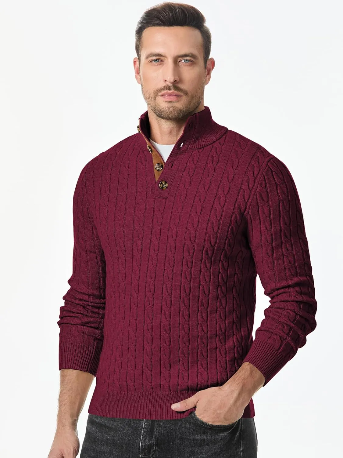 JMIERR Men's Cable Knit Pullover Sweater Casual Long Sleeve Stand Collar Button Knitted Sweaters