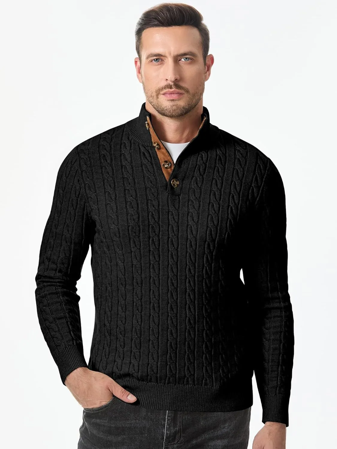 JMIERR Men's Cable Knit Pullover Sweater Casual Long Sleeve Stand Collar Button Knitted Sweaters