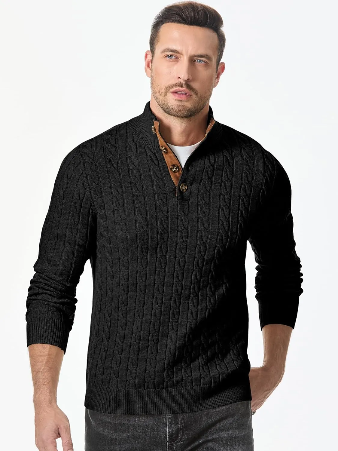 JMIERR Men's Cable Knit Pullover Sweater Casual Long Sleeve Stand Collar Button Knitted Sweaters