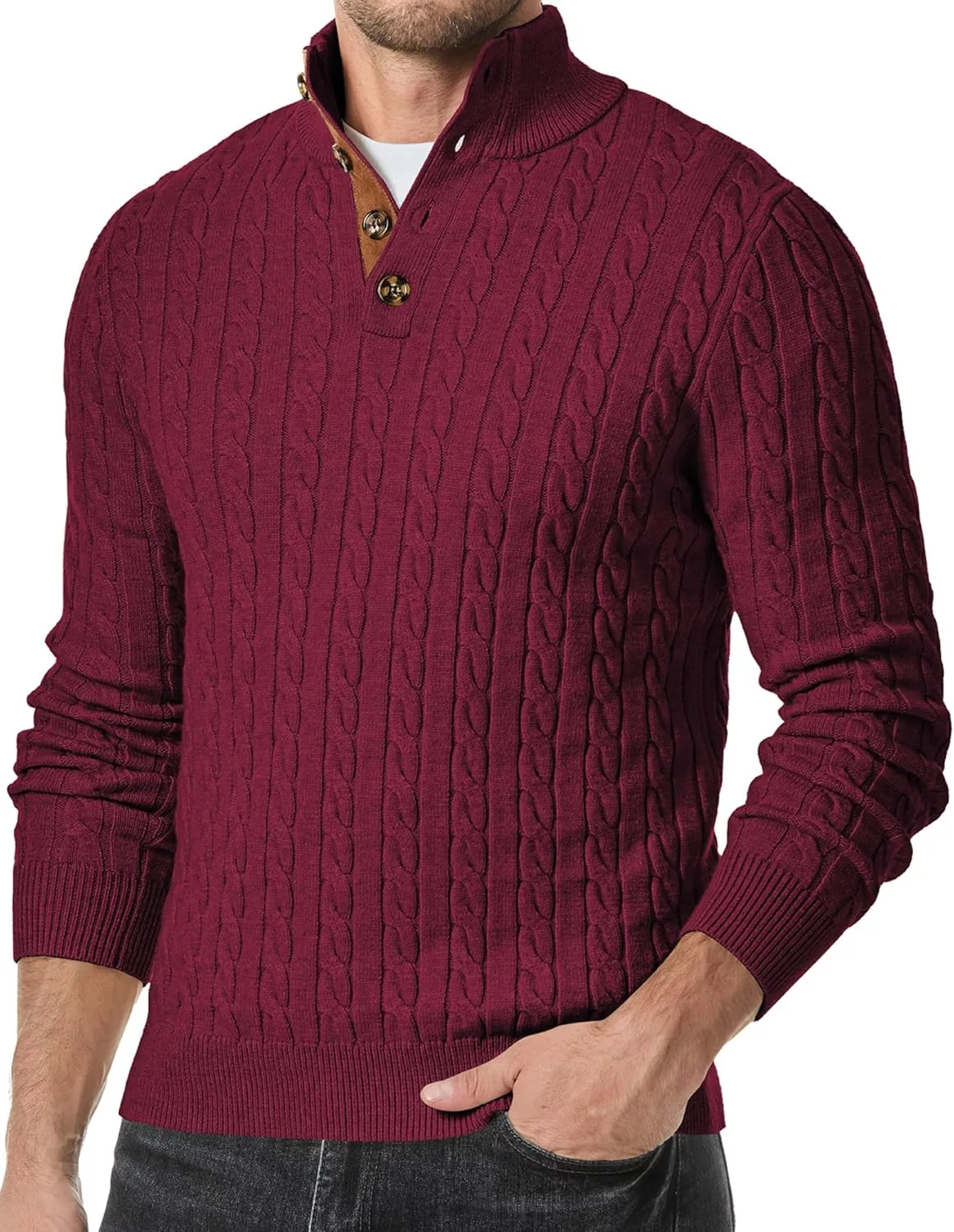 JMIERR Men's Cable Knit Pullover Sweater Casual Long Sleeve Stand Collar Button Knitted Sweaters