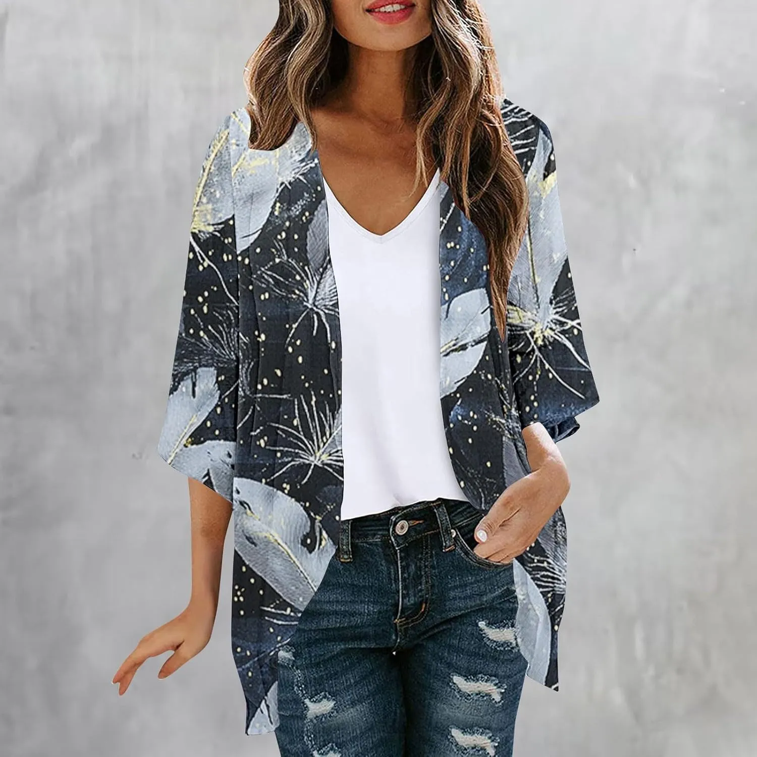 Kimono Swimsuit Coverup 2025 Womens Casual 3/4 Bat Sleeve Loose Beach Cover Up Sheer Chiffon Cardigans for Swimwear