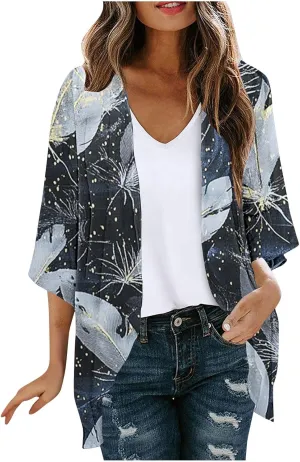 Kimono Swimsuit Coverup 2025 Womens Casual 3/4 Bat Sleeve Loose Beach Cover Up Sheer Chiffon Cardigans for Swimwear