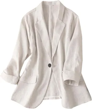 Kinghua Womens 100% Linen One Button Blazer Casual 3/4 Sleeve Lapel Blazer Jackets