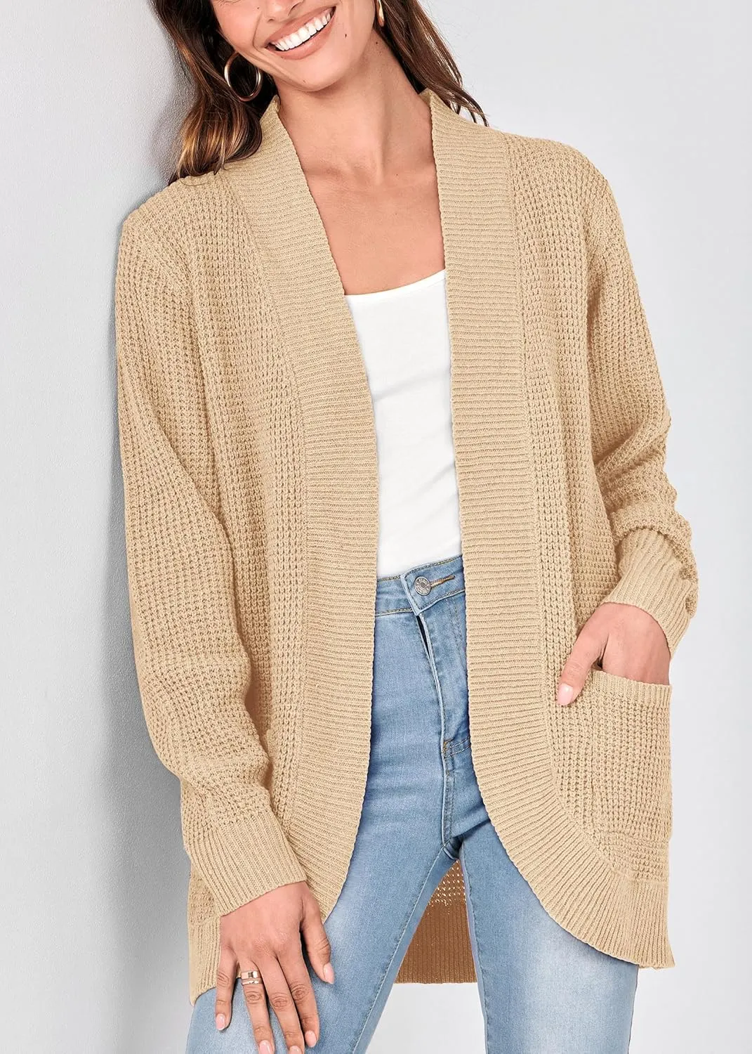 KIRUNDO Cardigan Sweaters for Women 2024 Fall Open Front Long Sleeve Loose Lightweight Knit Sweater Coat with Pockets