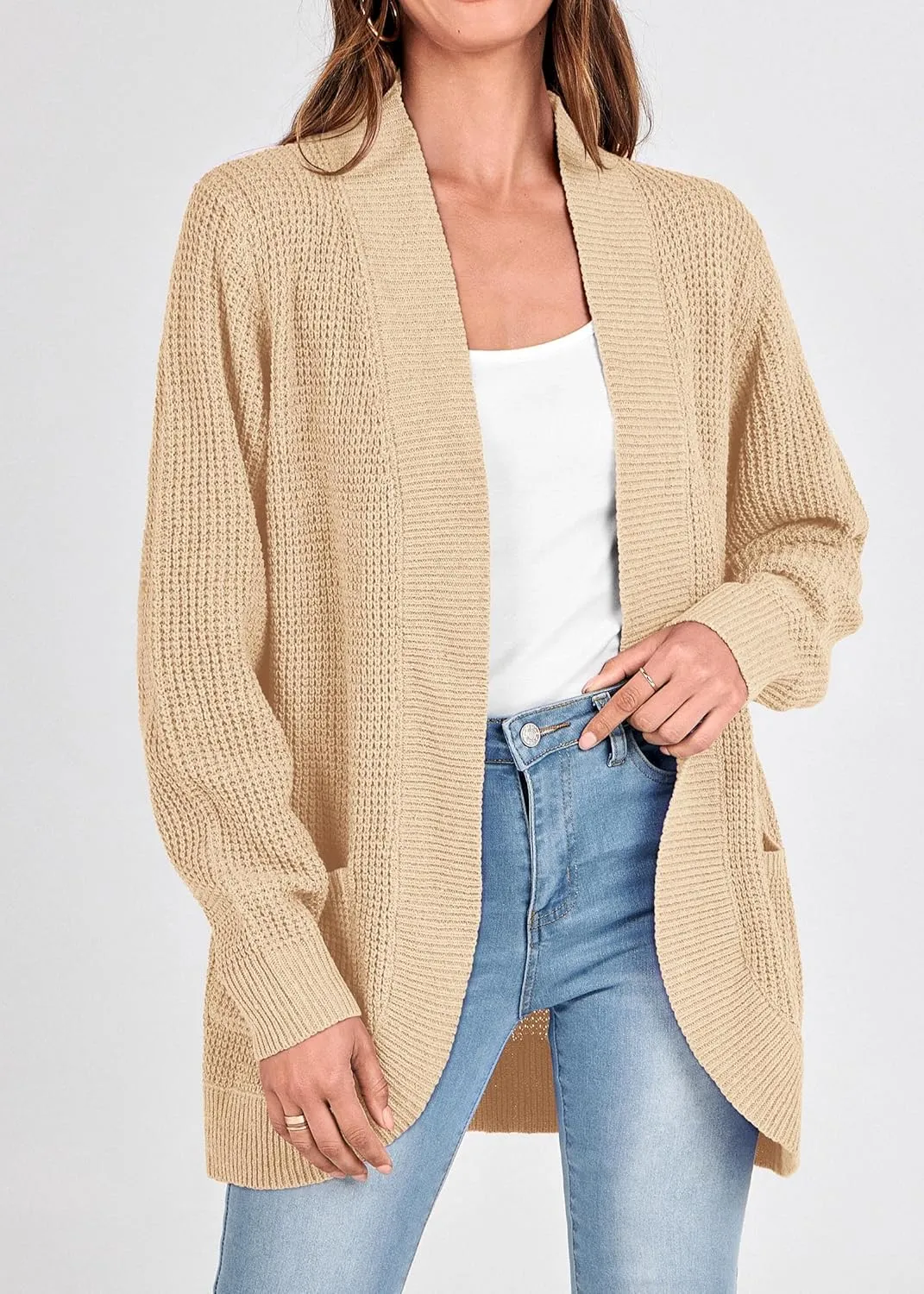 KIRUNDO Cardigan Sweaters for Women 2024 Fall Open Front Long Sleeve Loose Lightweight Knit Sweater Coat with Pockets