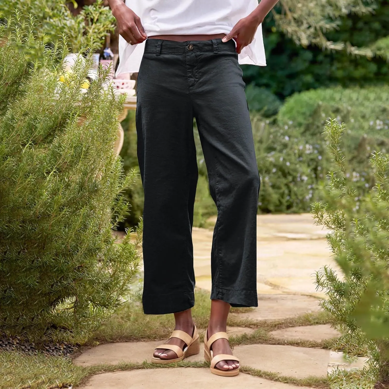 lcziwo Women Cropped Work Pants Elastic Waisted Flared Wide Leg Pants Baggy Business Casual Trousers Straight Leg Pants
