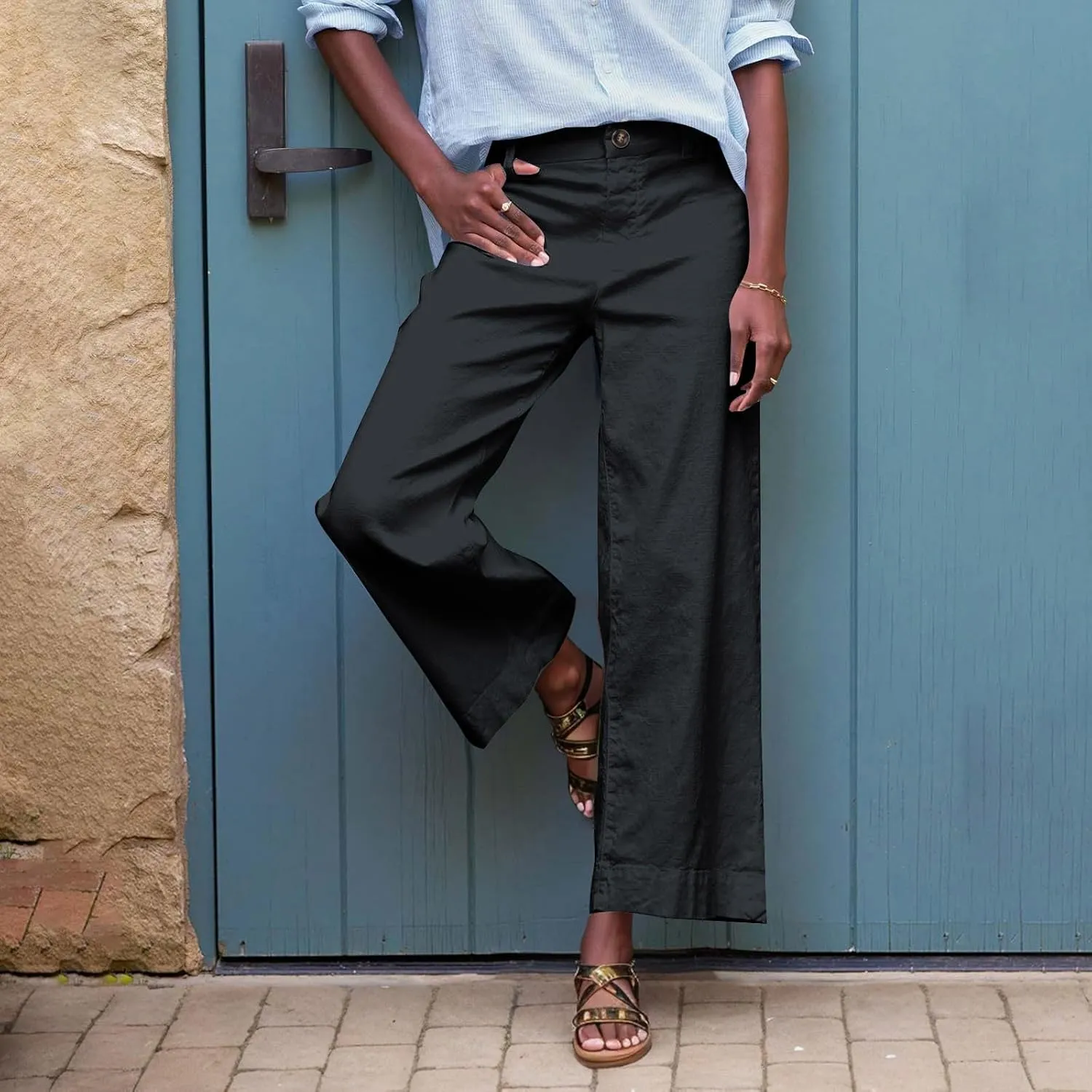 lcziwo Women Cropped Work Pants Elastic Waisted Flared Wide Leg Pants Baggy Business Casual Trousers Straight Leg Pants