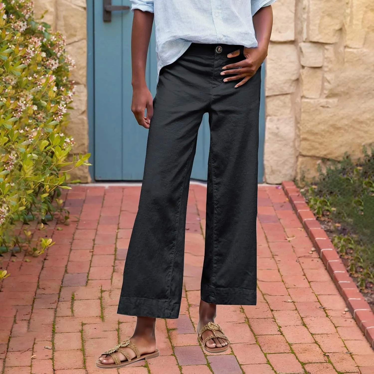 lcziwo Women Cropped Work Pants Elastic Waisted Flared Wide Leg Pants Baggy Business Casual Trousers Straight Leg Pants