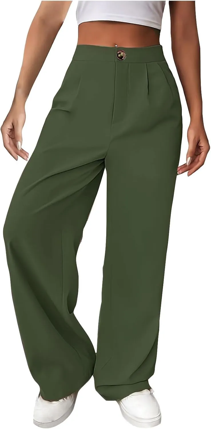 lcziwo Women's Straight Leg Pants High Waisted Loose Business Work Trousers Button Down Long Palazzo Solid Casual Trousers
