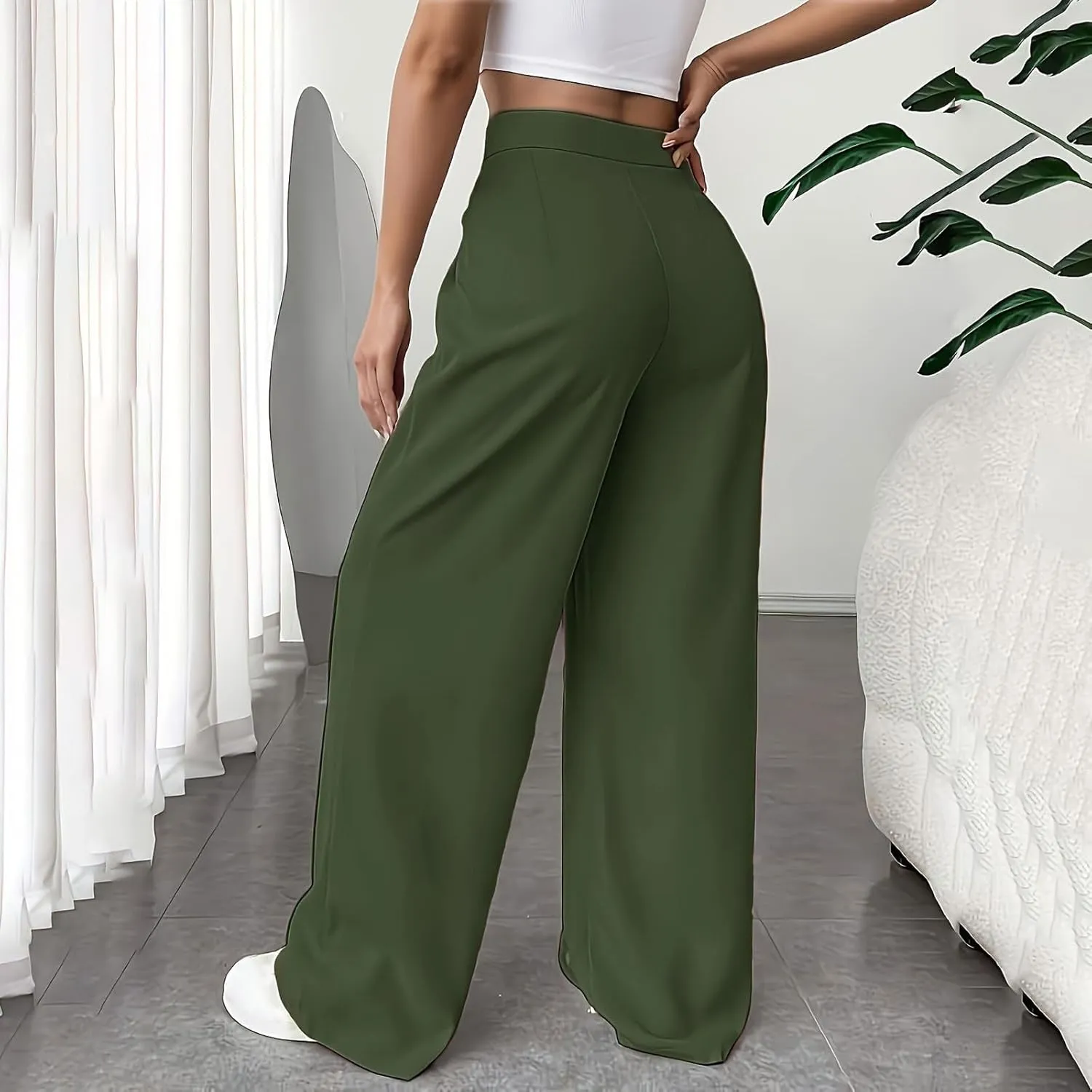 lcziwo Women's Straight Leg Pants High Waisted Loose Business Work Trousers Button Down Long Palazzo Solid Casual Trousers