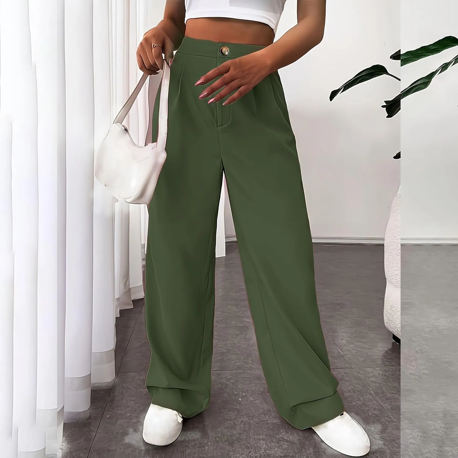 lcziwo Women's Straight Leg Pants High Waisted Loose Business Work Trousers Button Down Long Palazzo Solid Casual Trousers
