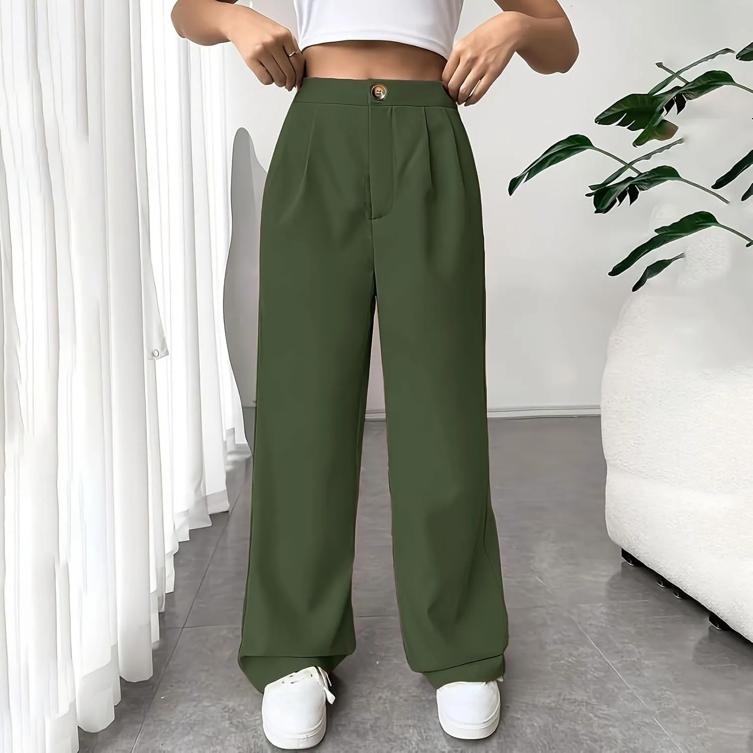 lcziwo Women's Straight Leg Pants High Waisted Loose Business Work Trousers Button Down Long Palazzo Solid Casual Trousers