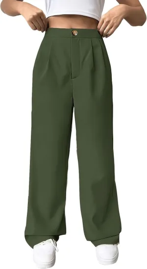 lcziwo Women's Straight Leg Pants High Waisted Loose Business Work Trousers Button Down Long Palazzo Solid Casual Trousers