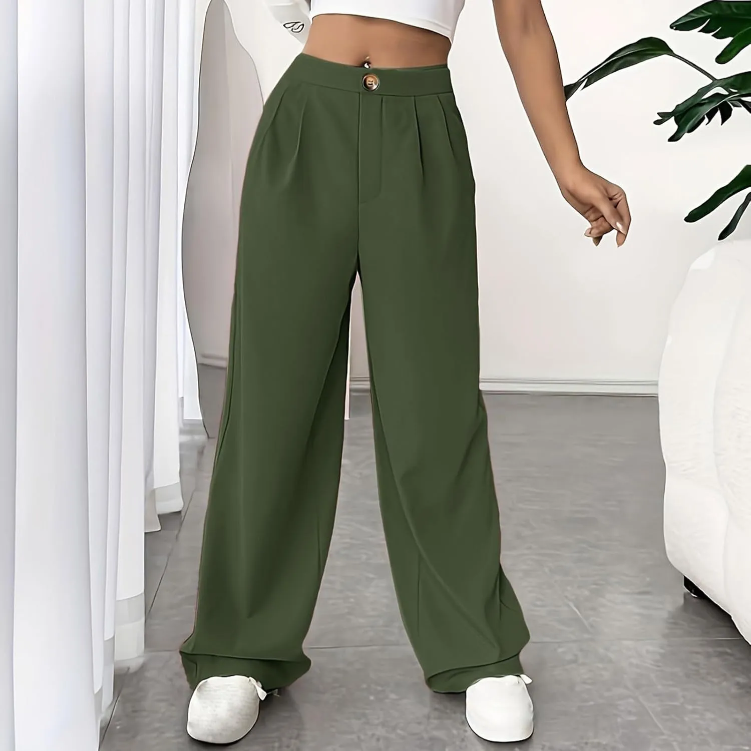 lcziwo Women's Straight Leg Pants High Waisted Loose Business Work Trousers Button Down Long Palazzo Solid Casual Trousers