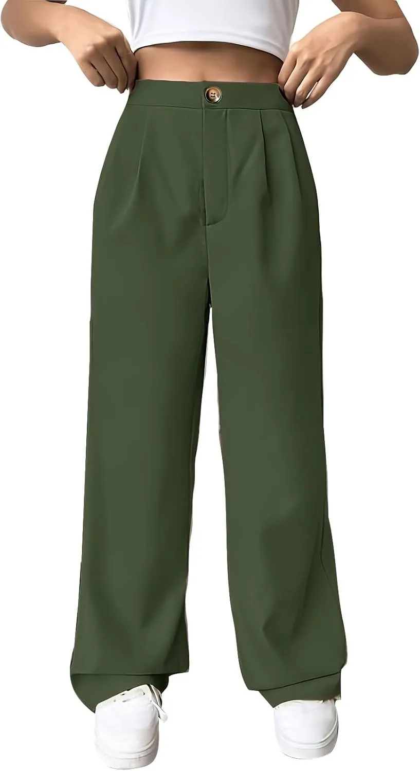 lcziwo Women's Straight Leg Pants High Waisted Loose Business Work Trousers Button Down Long Palazzo Solid Casual Trousers