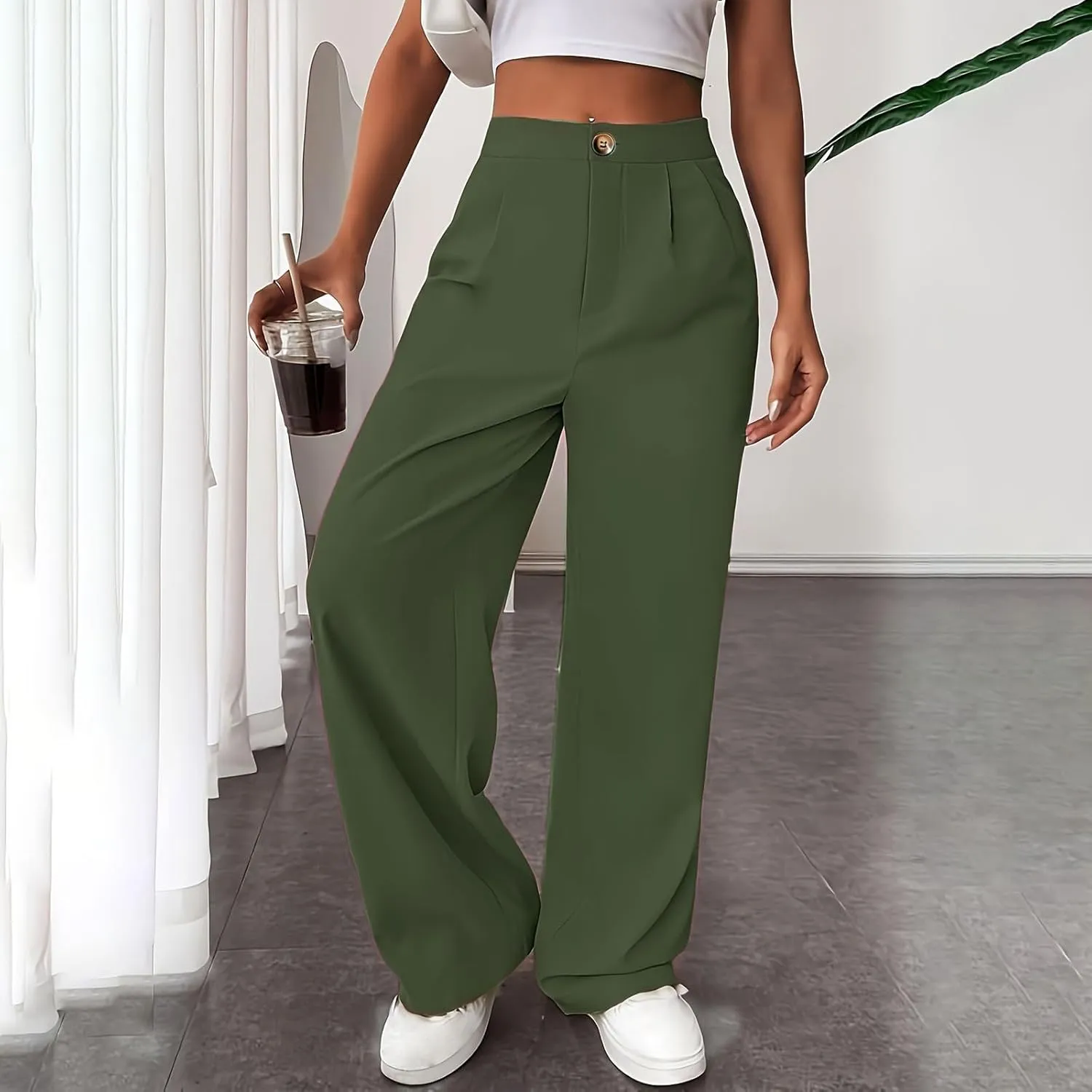 lcziwo Women's Straight Leg Pants High Waisted Loose Business Work Trousers Button Down Long Palazzo Solid Casual Trousers