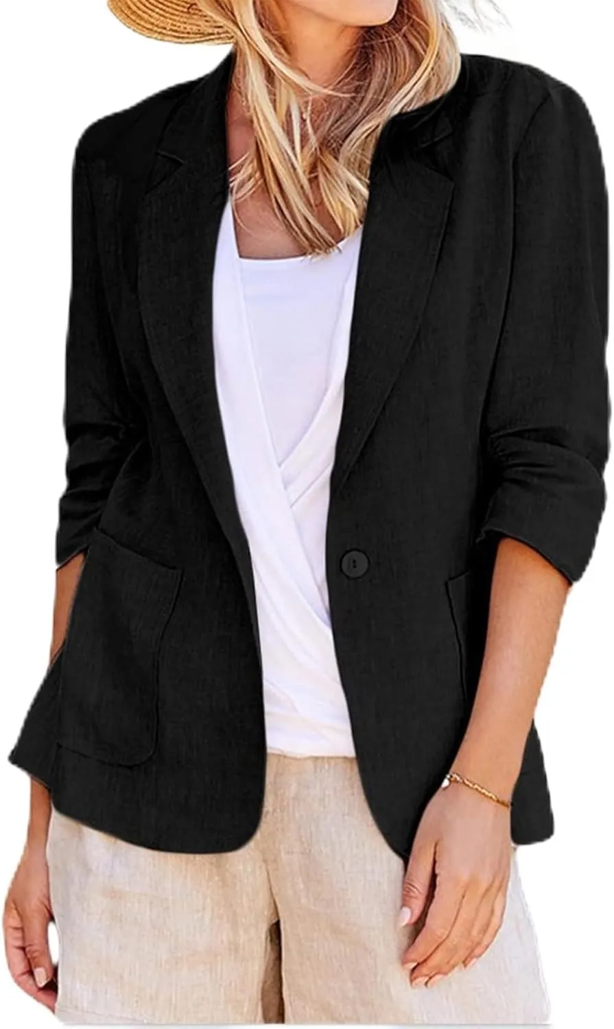 Linen Blazers Women 3/4 Sleeve Elegant Business Casual Work Office Button Jackets