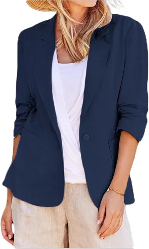 Linen Blazers Women 3/4 Sleeve Elegant Business Casual Work Office Button Jackets