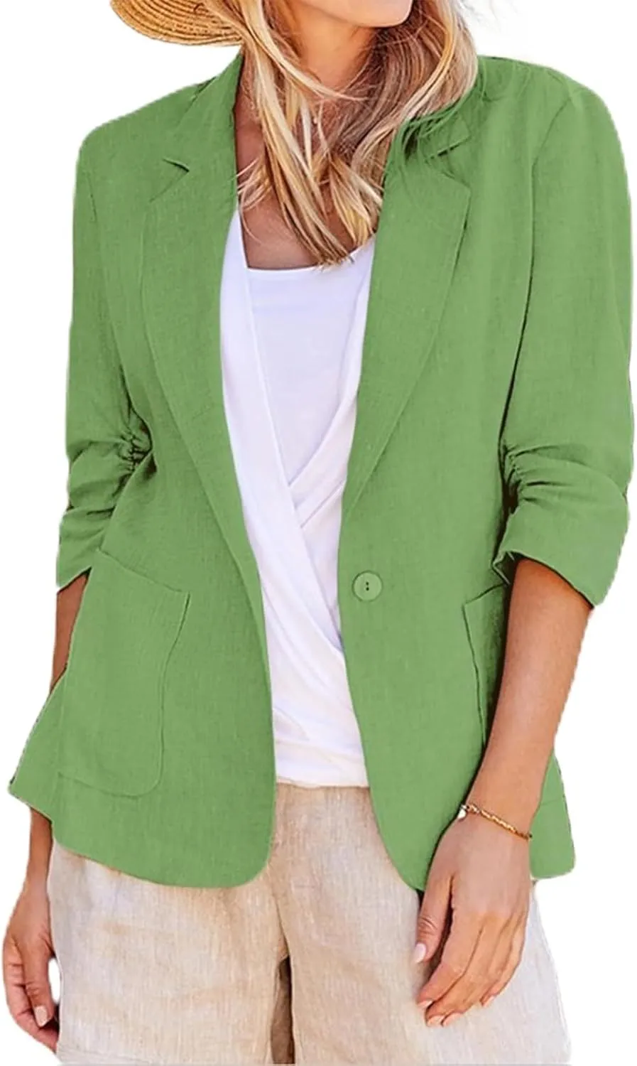 Linen Blazers Women 3/4 Sleeve Elegant Business Casual Work Office Button Jackets