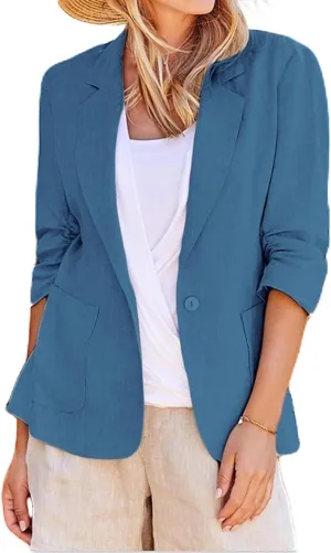Linen Blazers Women 3/4 Sleeve Elegant Business Casual Work Office Button Jackets