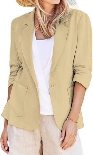 Linen Blazers Women 3/4 Sleeve Elegant Business Casual Work Office Button Jackets