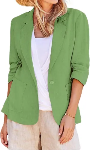Linen Blazers Women 3/4 Sleeve Elegant Business Casual Work Office Button Jackets