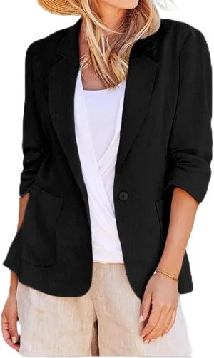 Linen Blazers Women 3/4 Sleeve Elegant Business Casual Work Office Button Jackets