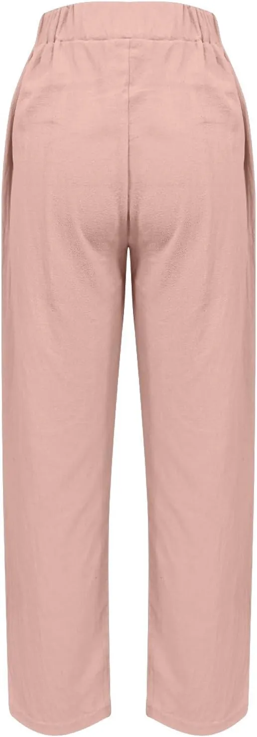 Linen Capri Pants for Women with Petite Summer Beachwear Lightweight Elastic Waist Pants