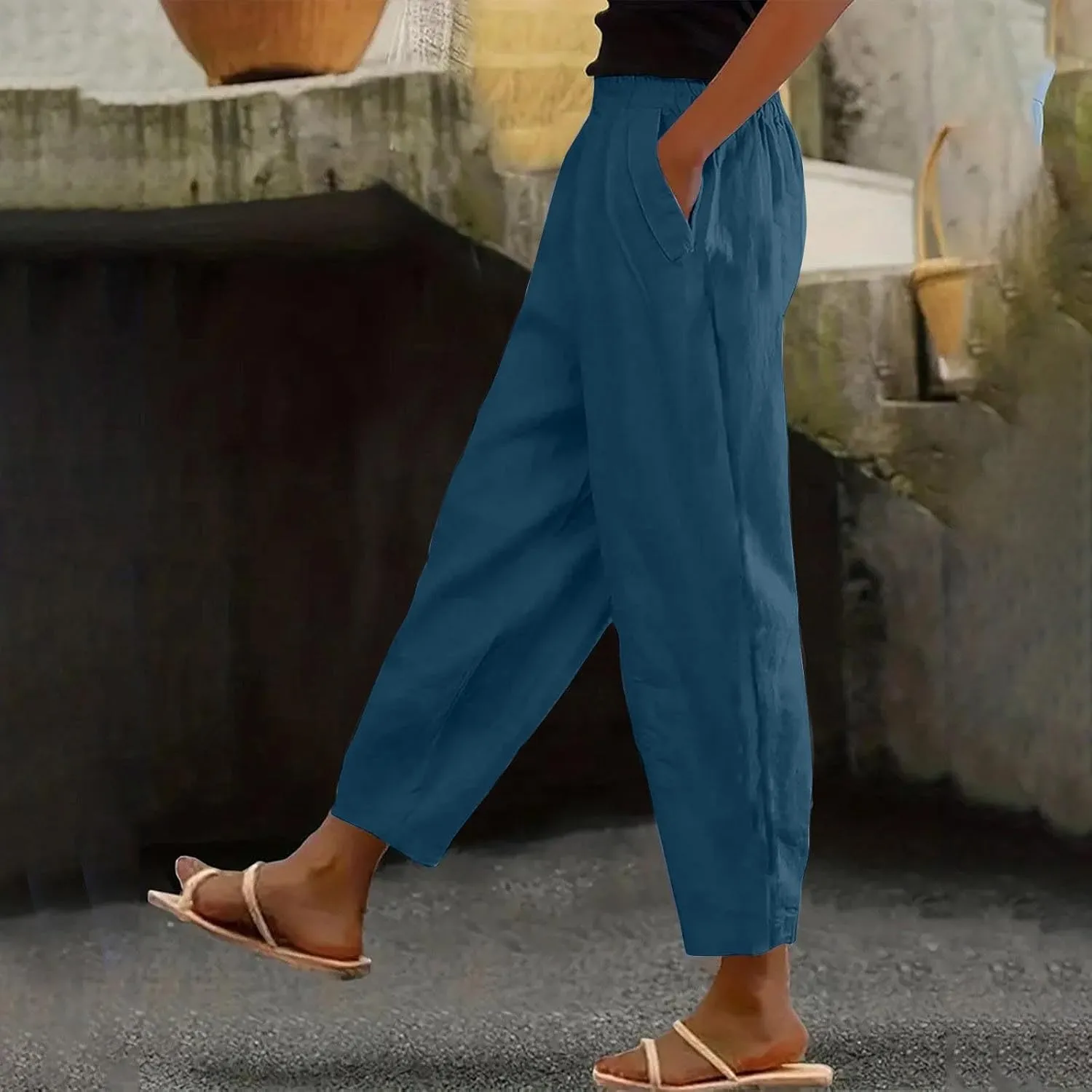 Linen Capri Pants for Women with Petite Summer Beachwear Lightweight Elastic Waist Pants