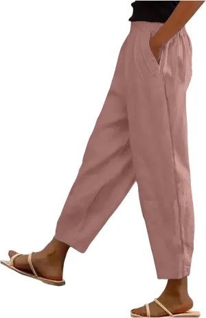 Linen Capri Pants for Women with Petite Summer Beachwear Lightweight Elastic Waist Pants