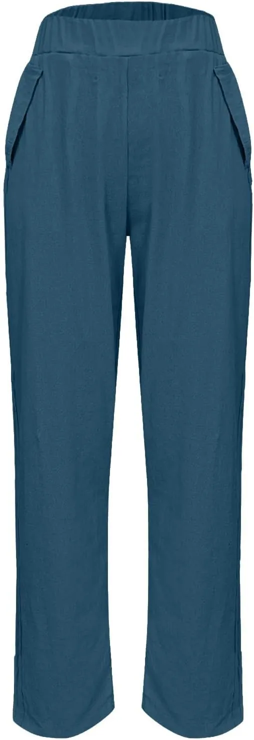 Linen Capri Pants for Women with Petite Summer Beachwear Lightweight Elastic Waist Pants