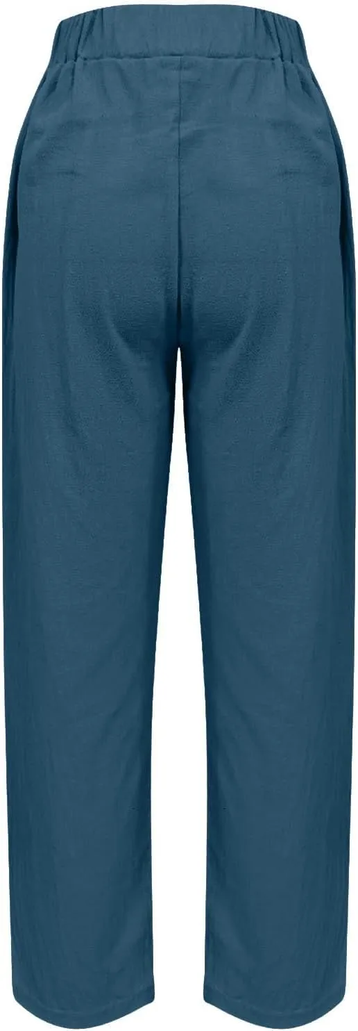 Linen Capri Pants for Women with Petite Summer Beachwear Lightweight Elastic Waist Pants