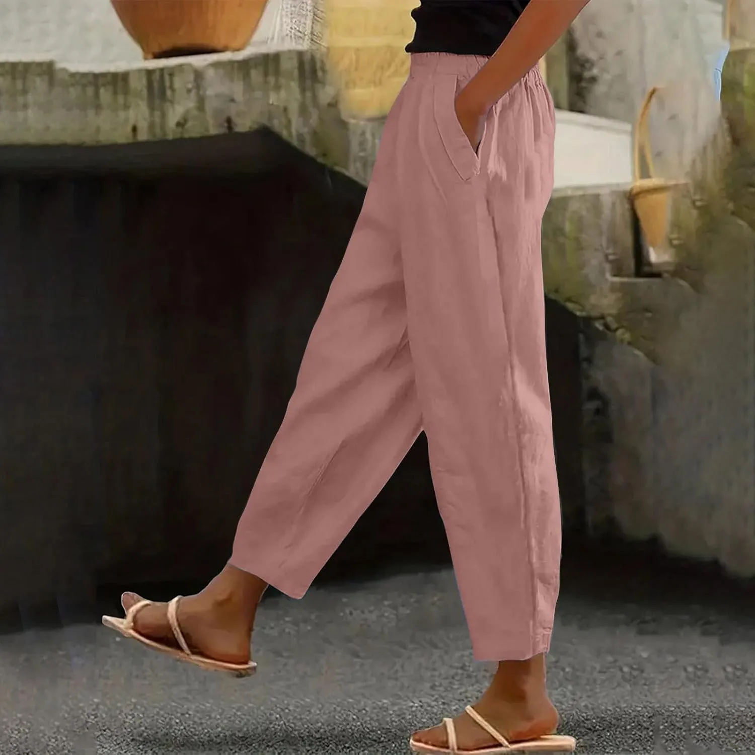 Linen Capri Pants for Women with Petite Summer Beachwear Lightweight Elastic Waist Pants