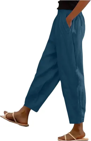 Linen Capri Pants for Women with Petite Summer Beachwear Lightweight Elastic Waist Pants