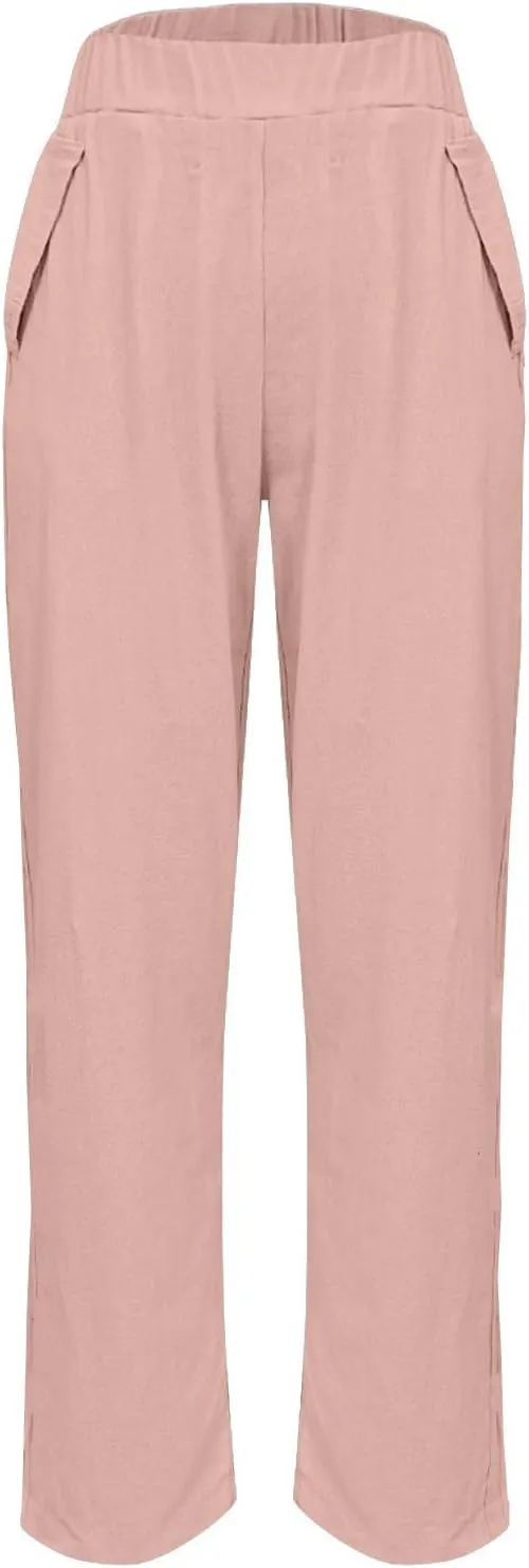 Linen Capri Pants for Women with Petite Summer Beachwear Lightweight Elastic Waist Pants