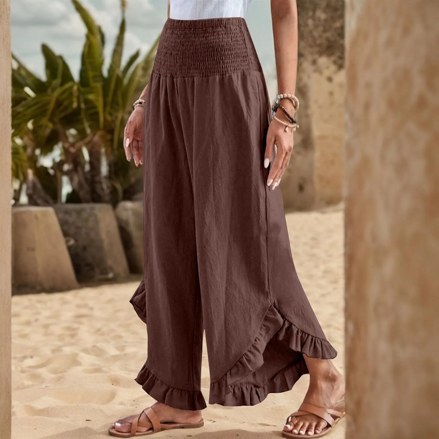 Linen Casual Pants for Women Summer Flowy Palazzo Pants Dressy High Waist Smocked Ruffle Hem Classic Pockets Trousers