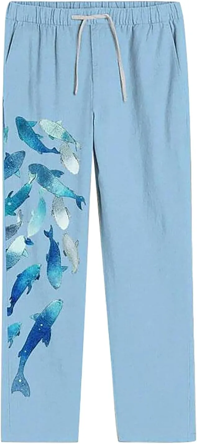 Linen Pants for Men Summer Beach Fashion Trousers with Pockets Casual Lightweight Drawstring Print Wide Leg Pants