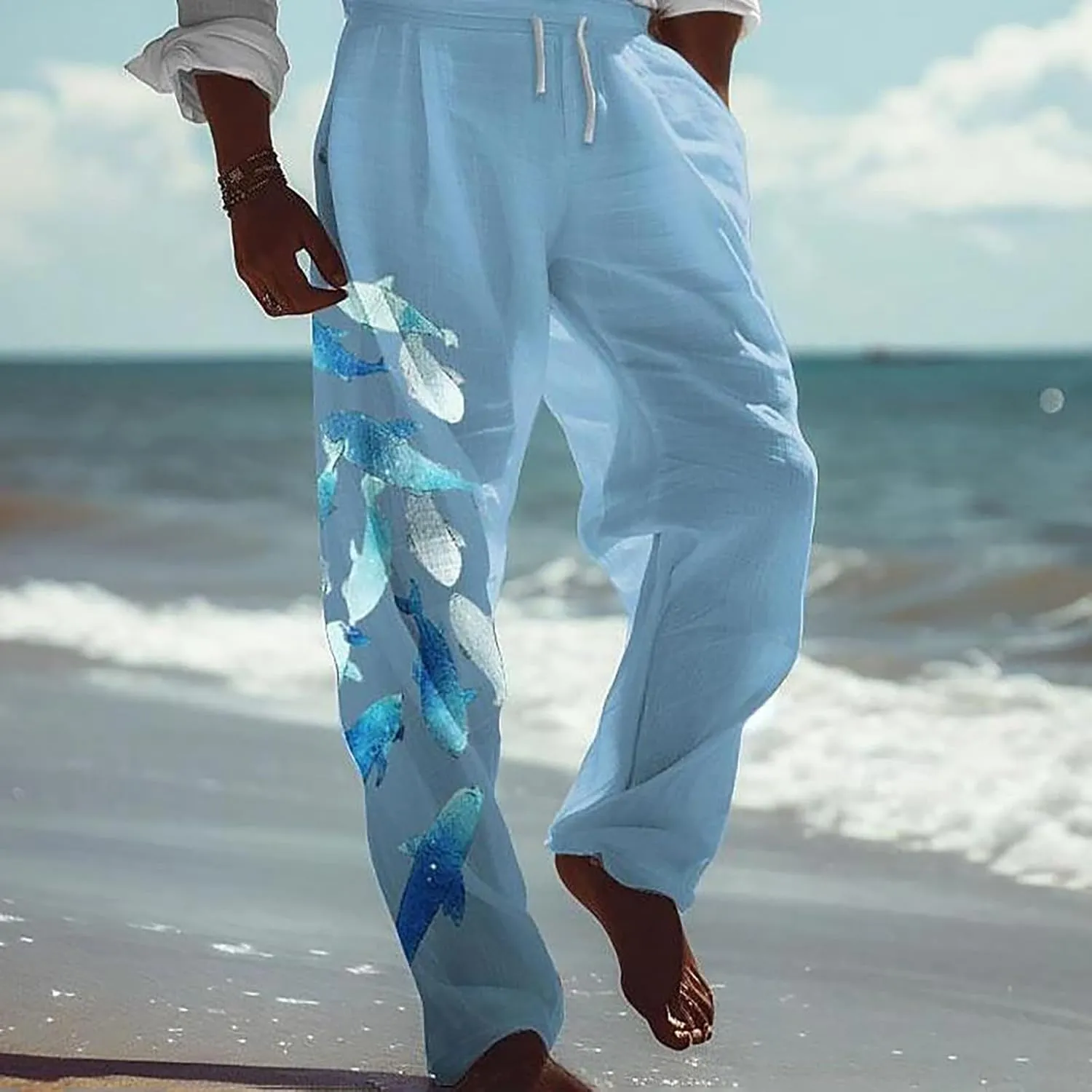 Linen Pants for Men Summer Beach Fashion Trousers with Pockets Casual Lightweight Drawstring Print Wide Leg Pants