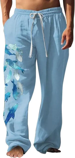 Linen Pants for Men Summer Beach Fashion Trousers with Pockets Casual Lightweight Drawstring Print Wide Leg Pants