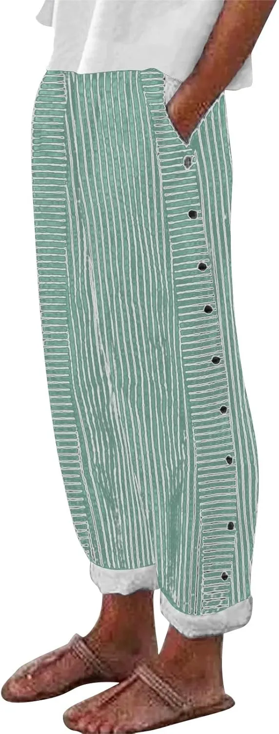 Linen Pants for Women Casual Pants Striped Side Button Plus Size Trendy Spring Summer Gauze Baggy Trousers with Pocket