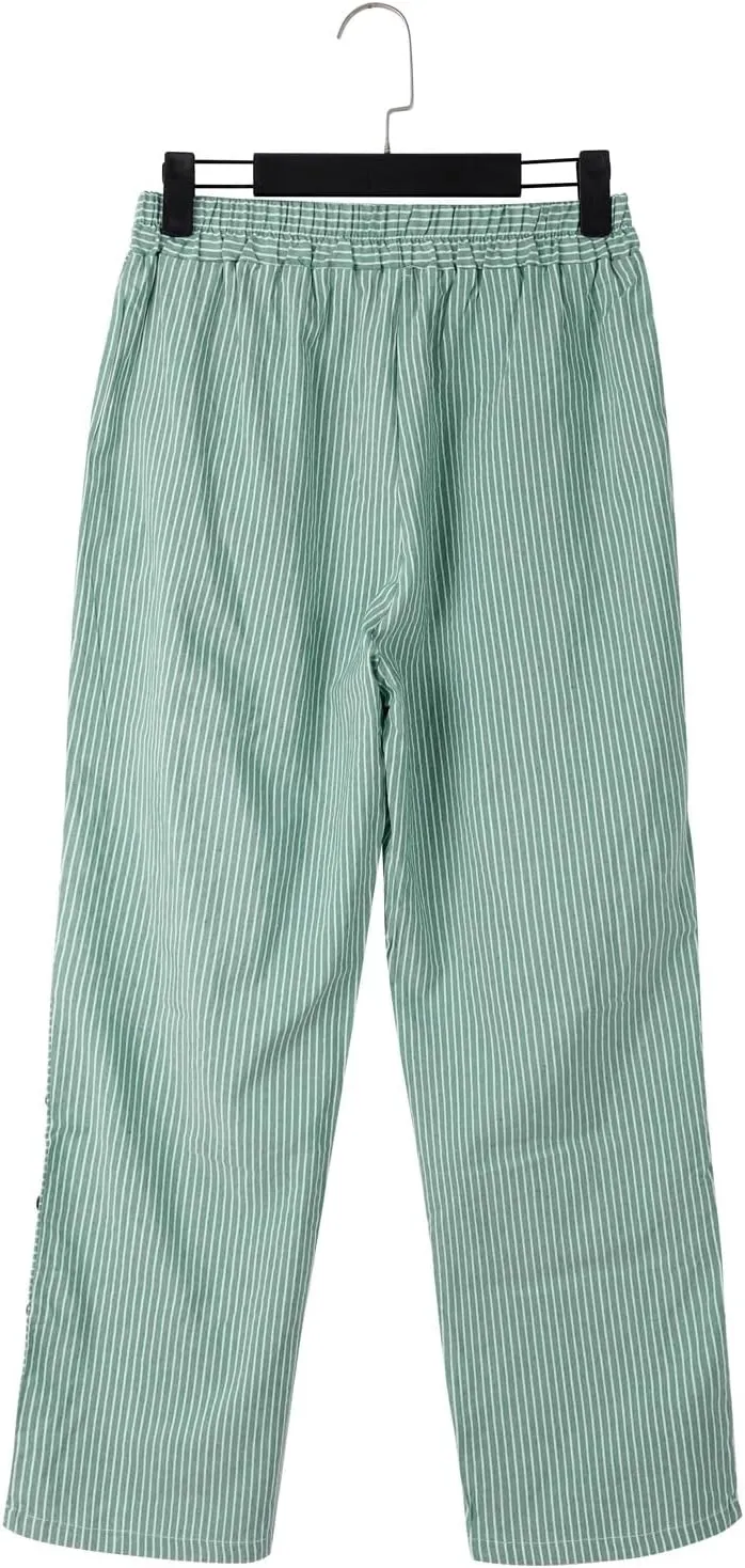 Linen Pants for Women Casual Pants Striped Side Button Plus Size Trendy Spring Summer Gauze Baggy Trousers with Pocket