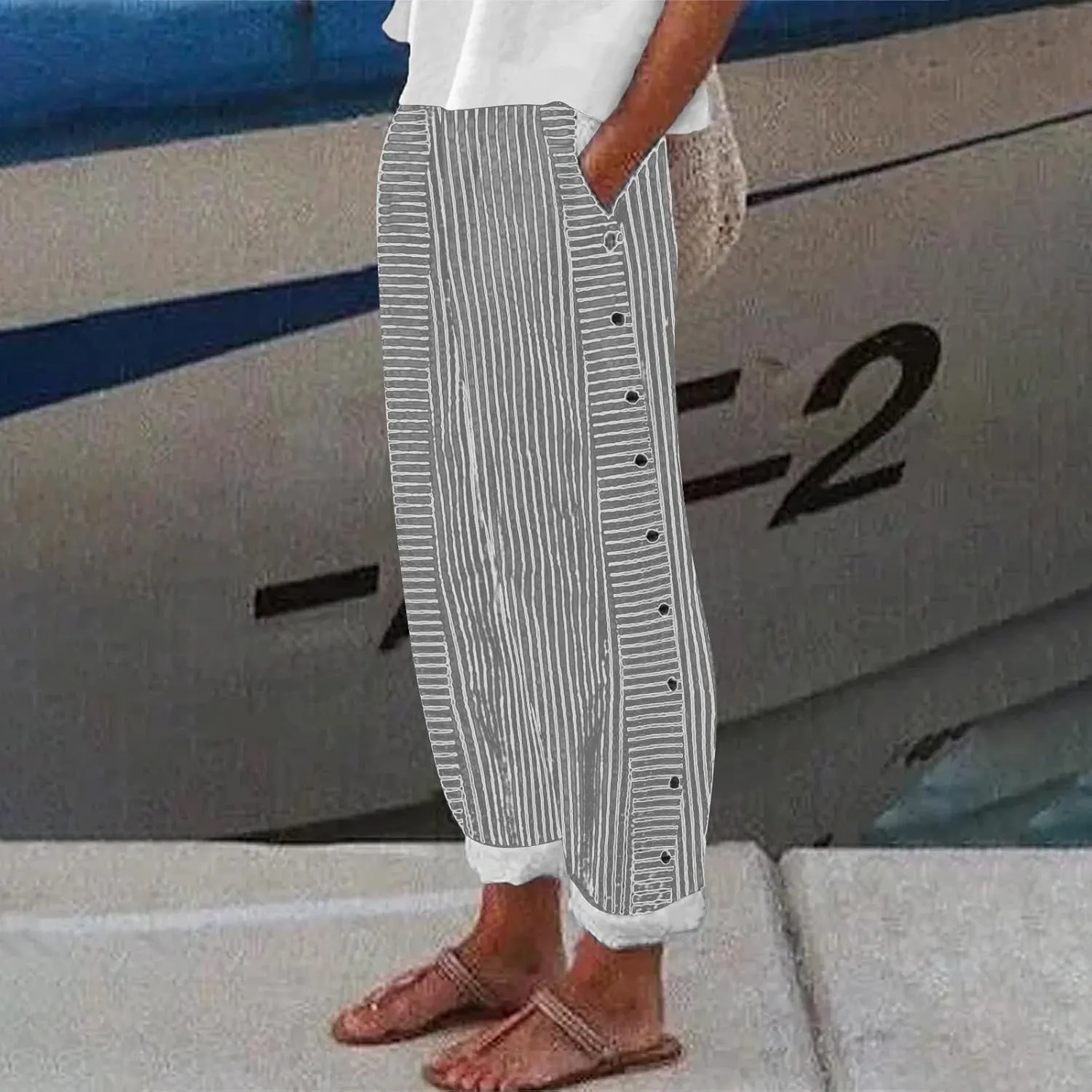 Linen Pants for Women Casual Pants Striped Side Button Plus Size Trendy Spring Summer Gauze Baggy Trousers with Pocket