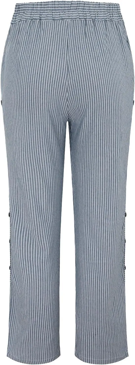 Linen Pants for Women Casual Pants Striped Side Button Plus Size Trendy Spring Summer Gauze Baggy Trousers with Pocket