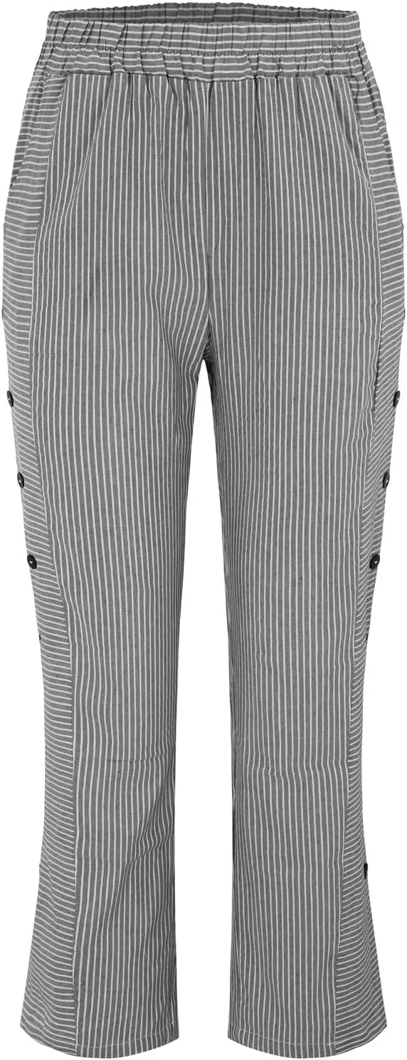 Linen Pants for Women Casual Pants Striped Side Button Plus Size Trendy Spring Summer Gauze Baggy Trousers with Pocket