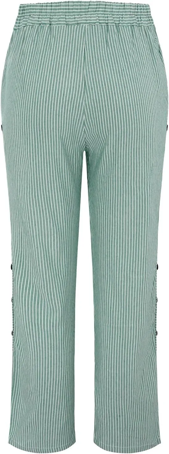 Linen Pants for Women Casual Pants Striped Side Button Plus Size Trendy Spring Summer Gauze Baggy Trousers with Pocket