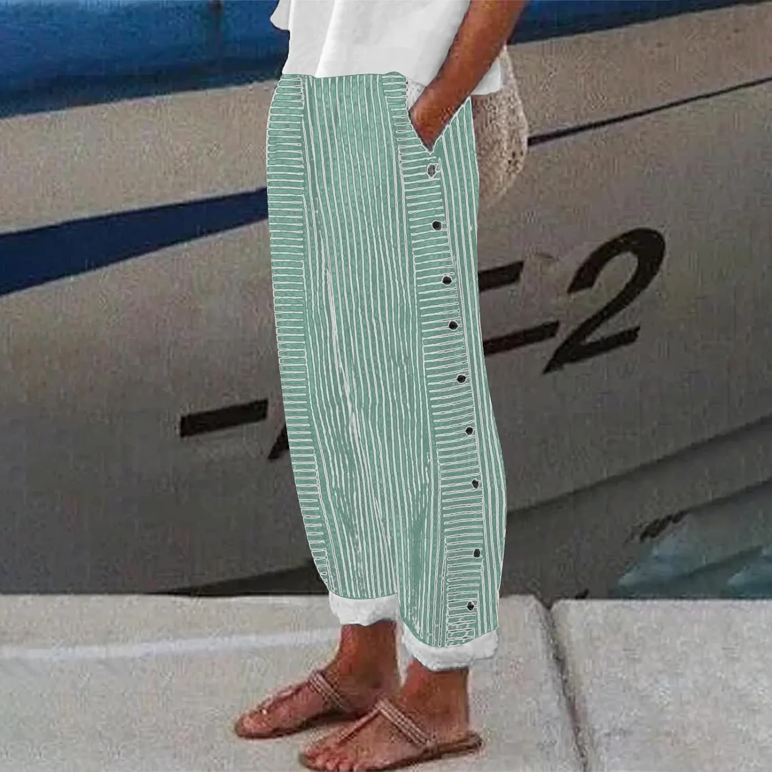 Linen Pants for Women Casual Pants Striped Side Button Plus Size Trendy Spring Summer Gauze Baggy Trousers with Pocket